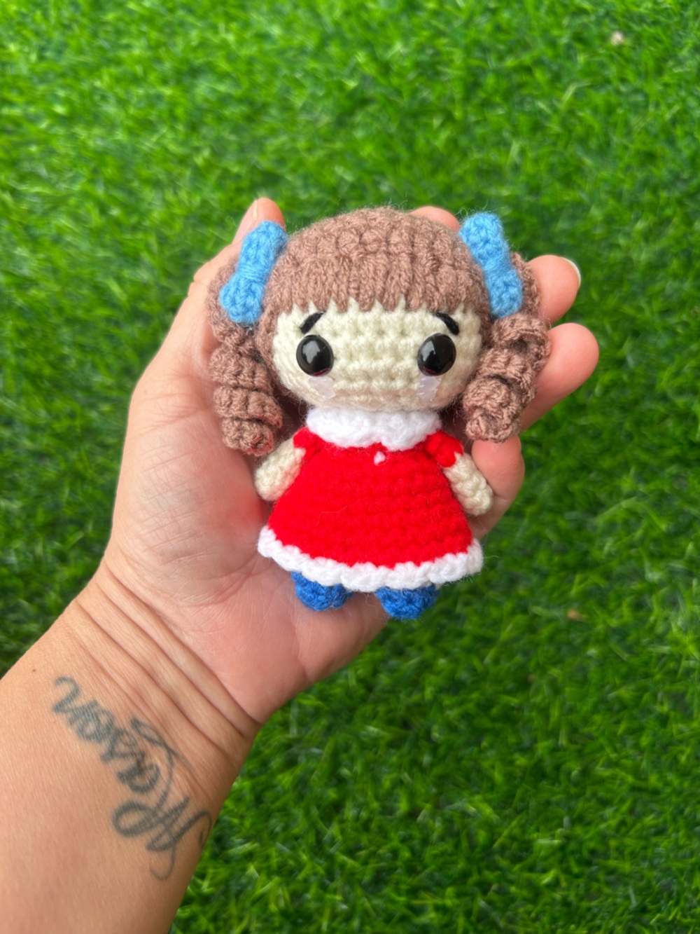 Handmade Crochet Doll Plush Toy - Red Dress, Blue Accents